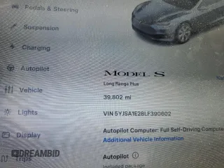 2020 Tesla Model S Long Range с VIN 5YJSA1E28LF390602, выставлен на аукционе Copart как лот 63778115 с пробегом 39 802 миль миль и Списание • Salvage title. История ставок и продаж доступна на DreamBid. Изображение 9.