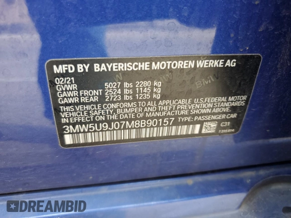 2021 BMW 3 Series M340i xDrive with VIN 3MW5U9J07M8B90157, listed as a Copart auction lot 57823394 with 0 mi miles and Salvage Title. Bid and sale history available at carsss.com. Image 12.