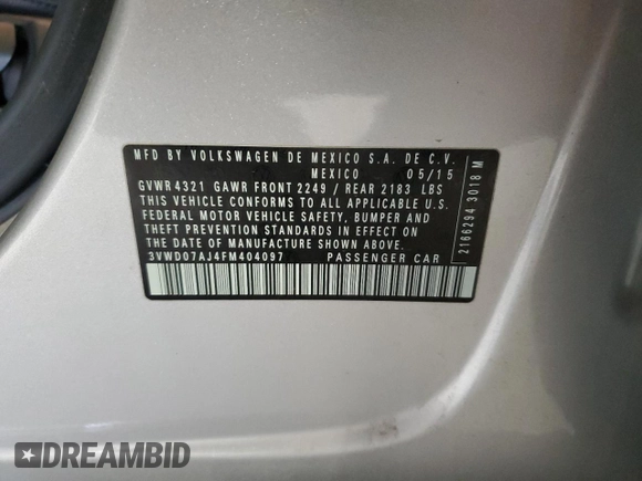 2015 Volkswagen Jetta SE with VIN 3VWD07AJ4FM404097, listed as a Copart auction lot 55054165 with 107,803 mi miles and Salvage title. Bid and sale history available at DreamBid. Image 12.