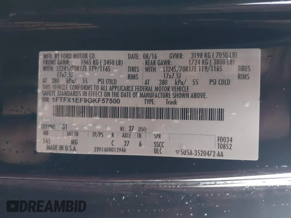 2016 Ford F-150 XLT with VIN 1FTFX1EF9GKF57500, listed as a IAAI auction lot 41852852 with 109,990 mi miles. Bid and sale history available at carsss.com. Image 9.