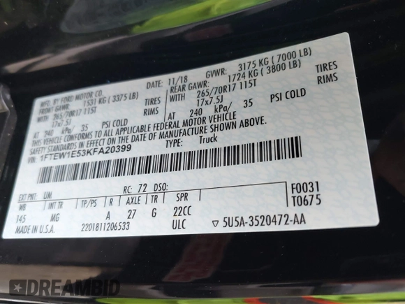 2019 Ford F-150 XL with VIN 1FTEW1E53KFA20399, listed as a IAAI auction lot 41846887 with 94,896 mi miles. Bid and sale history available at carsss.com. Image 9.