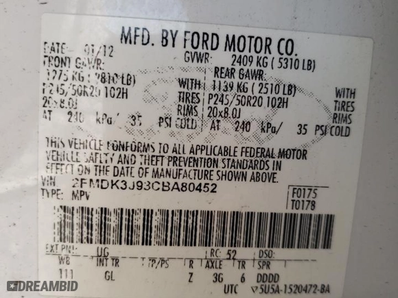 2012 Ford Edge SEL with VIN 2FMDK3J93CBA80452, listed as a Copart auction lot 48870055 with 190,193 mi miles and Salvage Title. Bid and sale history available at carsss.com. Image 15.