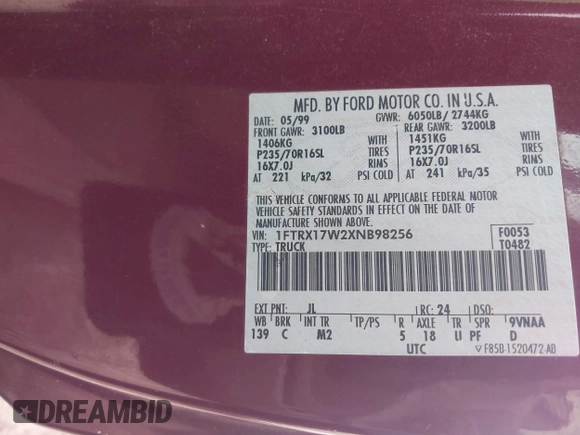 1999 Ford F-150 with VIN 1FTRX17W2XNB98256, listed as a IAAI auction lot 41931497 with Not Provided miles and . Bid and sale history available at DreamBid. Image 9.