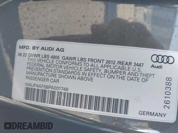 2023 Audi S5 Premium Plus with VIN WAUP4AF58PA001748, listed as a IAAI auction lot 41194878 with 33,877 mi miles and . Bid and sale history available at DreamBid. Image 9.