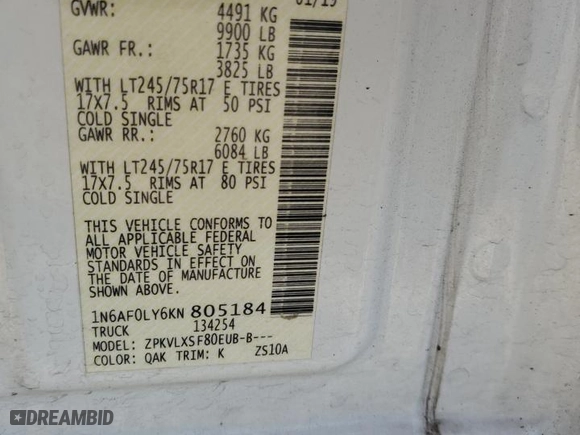 2019 Nissan NV Cargo SV with VIN 1N6AF0LY6KN805184, listed as a Copart auction lot 83629974 with 0 mi miles and Salvage Title. Bid and sale history available at carsss.com. Image 13.