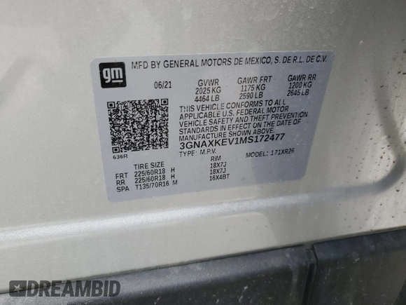 2021 Chevrolet Equinox LT with VIN 3GNAXKEV1MS172477, listed as a Copart auction lot 53365345 with 62,334 mi miles and Salvage Title. Bid and sale history available at DreamBid. Image 13.
