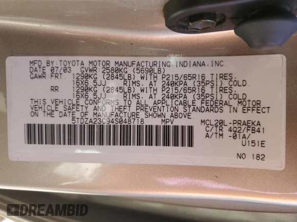 2004 Toyota Sienna CE z VIN 5TDZA23C94S048718, wystawiony jako Copart lot #56065335 z przebiegiem 139 908 mil mil oraz Szkoda całkowita • Salvage title. Historia ofert i sprzedaży dostępna na DreamBid. Obrazek 14.