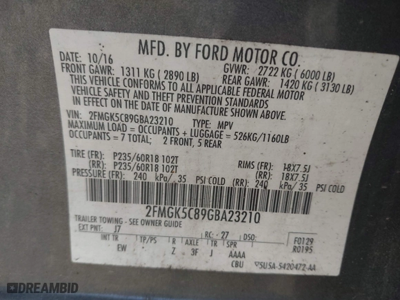 2016 Ford Flex SEL with VIN 2FMGK5C89GBA23210, listed as a IAAI auction lot 41617724 with 133,582 mi miles. Bid and sale history available at carsss.com. Image 9.
