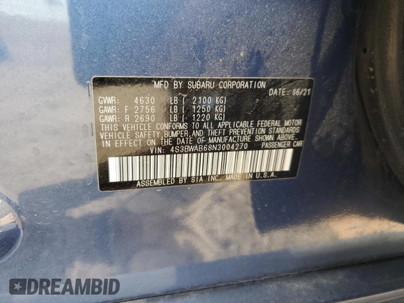 2022 Subaru Legacy with VIN 4S3BWAB68N3004270, listed as a Copart auction lot 57561365 with 37,395 mi miles and Salvage title. Bid and sale history available at DreamBid. Image 13.