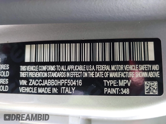 2017 Jeep Renegade Altitude with VIN ZACCJABB0HPF50416, listed as a IAAI auction lot 42331291 with 109,509 mi miles and . Bid and sale history available at DreamBid. Image 9.