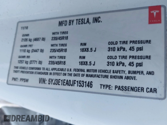 2018 Tesla Model 3 Long Range Battery with VIN 5YJ3E1EA0JF153146, listed as a IAAI auction lot 41621919 with 76,794 mi miles and . Bid and sale history available at DreamBid. Image 9.