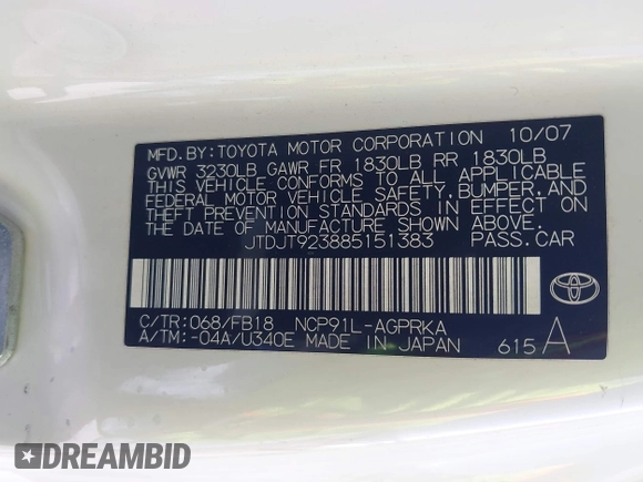 2008 Toyota Yaris with VIN JTDJT923885151383, listed as a IAAI auction lot 42057847 with 272,985 mi miles. Bid and sale history available at carsss.com. Image 9.