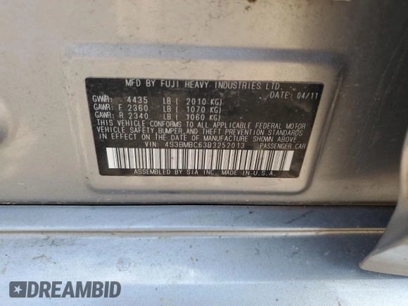 2011 Subaru Legacy Premium with VIN 4S3BMBC63B3252013, listed as a Copart auction lot 63046065 with Not provided miles and Salvage title. Bid and sale history available at DreamBid. Image 12.
