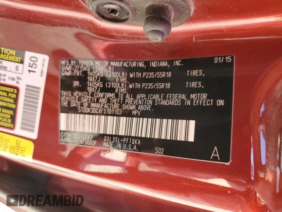 2015 Toyota Sienna Ltd with VIN 5TDDK3DCXFS101103, listed as a Copart auction lot 47593655 with 142,524 mi miles and Salvage Title. Bid and sale history available at carsss.com. Image 13.