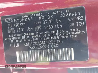 2022 Hyundai Venue Limited with VIN KMHRC8A38NU203025, listed as a IAAI auction lot 42714936 with 10,494 mi miles and . Bid and sale history available at DreamBid. Image 9.