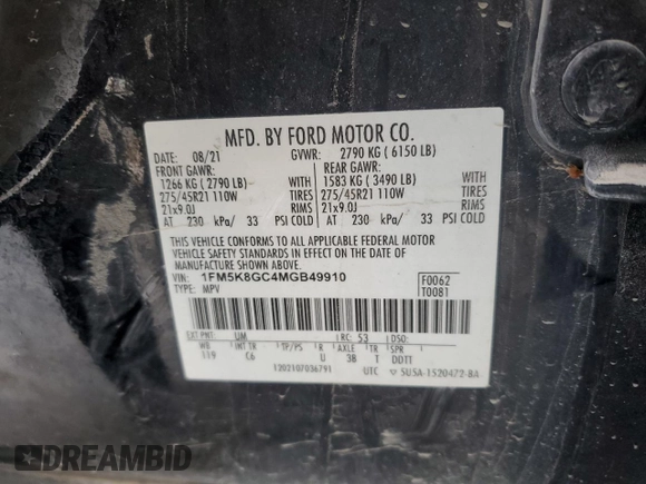 2021 Ford Explorer ST z VIN 1FM5K8GC4MGB49910, wystawiony jako Copart lot #51672025 z przebiegiem 78 321 mil mil oraz Szkoda całkowita • Salvage title. Historia ofert i sprzedaży dostępna na DreamBid. Obrazek 14.