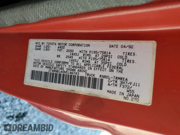 1992 Toyota Pickup with VIN JT4RN81A5N5146743, listed as a Copart auction lot 59140735 with 439,883 mi miles and Salvage title. Bid and sale history available at DreamBid. Image 12.