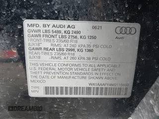 2021 Audi Q5 Premium with VIN WA1AAAFY4M2115693, listed as a IAAI auction lot 41585243 with 67,049 mi miles. Bid and sale history available at carsss.com. Image 9.