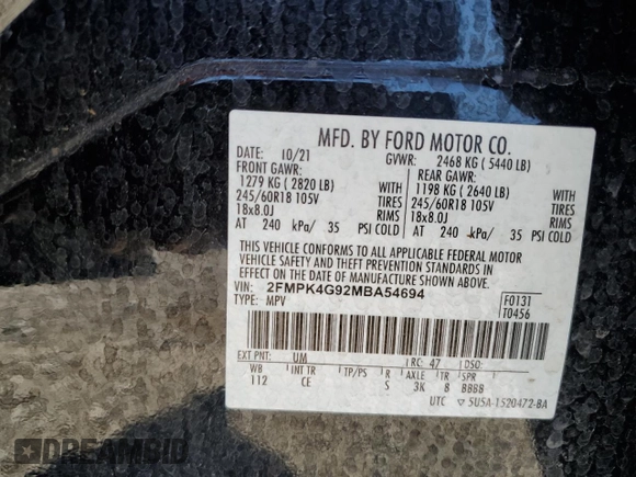 2021 Ford Edge SE with VIN 2FMPK4G92MBA54694, listed as a Copart auction lot 49050974 with 95,920 mi miles and Salvage title. Bid and sale history available at DreamBid. Image 12.