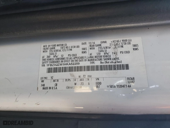 2017 Ford Transit Wagon XL with VIN 1FBZX2ZM1HKA52259, listed as a Copart auction lot 88699305 with 498,460 mi miles and Salvage Title. Bid and sale history available at carsss.com. Image 13.