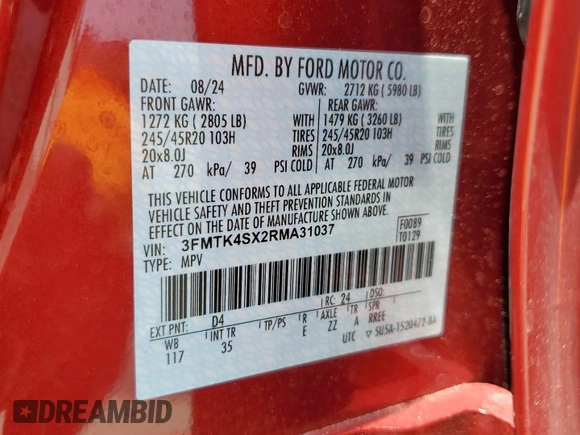 2024 Ford Mustang Mach-E GT с VIN 3FMTK4SX2RMA31037, выставлен на аукционе Copart как лот 56558025 с пробегом 6 833 миль миль и Списание • Salvage title. История ставок и продаж доступна на DreamBid. Изображение 14.