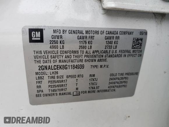 2016 Chevrolet Equinox LT with VIN 2GNALCEK8G1184939, listed as a Copart auction lot 52213215 with 79,693 mi miles and Salvage Title. Bid and sale history available at DreamBid. Image 12.