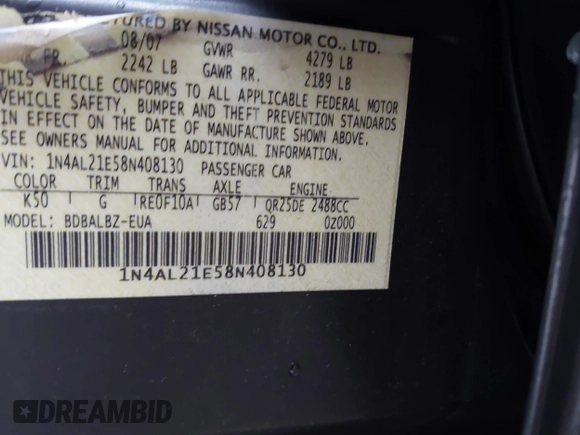 2008 Nissan Altima 2.5 with VIN 1N4AL21E58N408130, listed as a IAAI auction lot 41697109 with 229,544 mi miles. Bid and sale history available at carsss.com. Image 9.