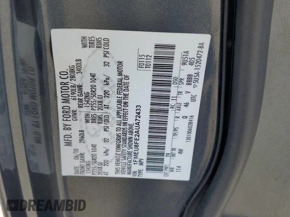 2010 Ford Explorer Limited with VIN 1FMEU8FE2AUA72433, listed as a Copart auction lot 59229735 with 228,387 mi miles and Salvage title. Bid and sale history available at DreamBid. Image 13.