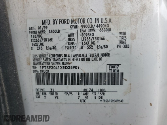 1999 Ford F-350 with VIN 1FTSF30L1XED35901, listed as a Copart auction lot 63499344 with 120,122 mi miles and Salvage title. Bid and sale history available at DreamBid. Image 12.