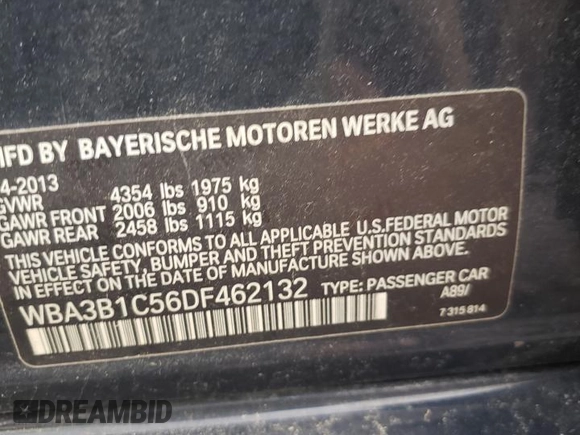 2013 BMW 3 Series 320i with VIN WBA3B1C56DF462132, listed as a Copart auction lot 50185695 with 114,274 mi miles and Salvage Title. Bid and sale history available at carsss.com. Image 12.