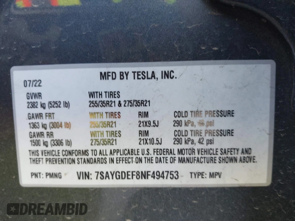 2022 Tesla Model Y Performance z VIN 7SAYGDEF8NF494753, wystawiony jako IAAI lot #41692464 z przebiegiem 14 616 mil mil oraz . Historia ofert i sprzedaży dostępna na DreamBid. Obrazek 9.