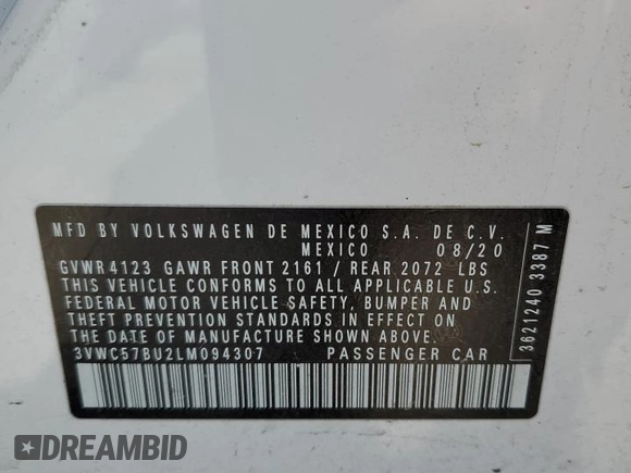 2020 Volkswagen Jetta S с VIN 3VWC57BU2LM094307, выставлен на аукционе Copart как лот 56650965 с пробегом 73 986 миль миль и Списание • Salvage title. История ставок и продаж доступна на DreamBid. Изображение 12.