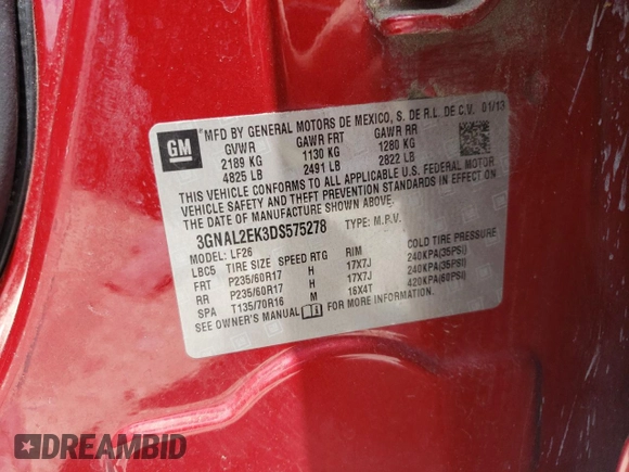 2013 Chevrolet Captiva Sport LS z VIN 3GNAL2EK3DS575278, wystawiony jako Copart lot #58132585 z przebiegiem 146 698 mil mil oraz Szkoda całkowita • Salvage title. Historia ofert i sprzedaży dostępna na DreamBid. Obrazek 14.