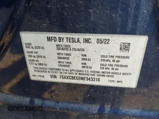 2022 Tesla Model X Plaid z VIN 7SAXCBE69NF343318, wystawiony jako IAAI lot #41387403 z przebiegiem Nie podano mil oraz . Historia ofert i sprzedaży dostępna na DreamBid. Obrazek 9.