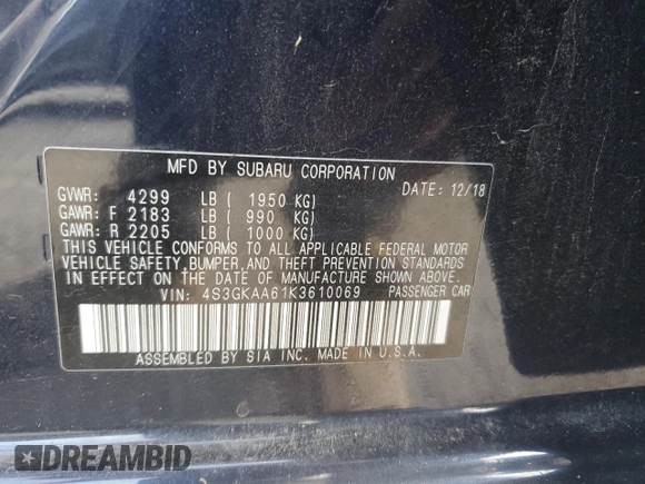 2019 Subaru Impreza with VIN 4S3GKAA61K3610069, listed as a Copart auction lot 59883175 with 102,706 mi miles and Salvage title. Bid and sale history available at DreamBid. Image 12.