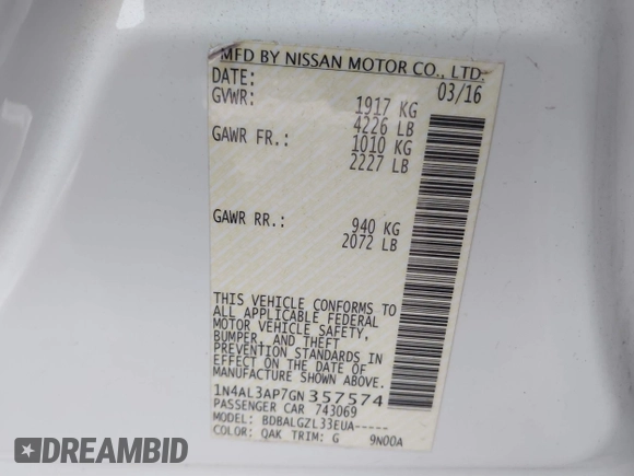 2016 Nissan Altima S with VIN 1N4AL3AP7GN357574, listed as a IAAI auction lot 41282646 with 166,605 mi miles and . Bid and sale history available at DreamBid. Image 9.