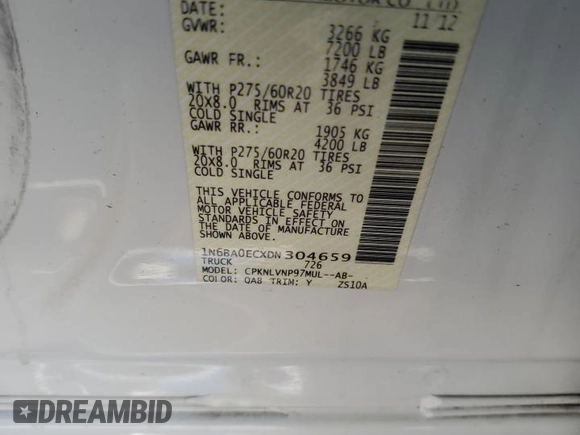 2013 Nissan Titan SL with VIN 1N6BA0ECXDN304659, listed as a Copart auction lot 50101345 with 153,951 mi miles and Clean Title. Bid and sale history available at DreamBid. Image 14.