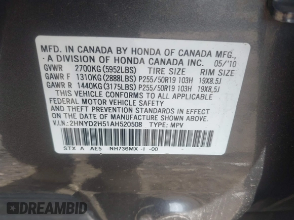 2010 Acura MDX Advance with VIN 2HNYD2H51AH520508, listed as a IAAI auction lot 42124561 with 191,970 mi miles and . Bid and sale history available at DreamBid. Image 9.