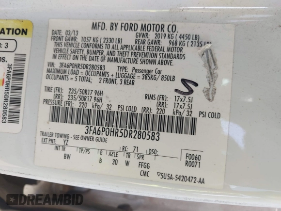 2013 Ford Fusion SE with VIN 3FA6P0HR5DR280583, listed as a IAAI auction lot 41896243 with 226,610 mi miles. Bid and sale history available at carsss.com. Image 9.