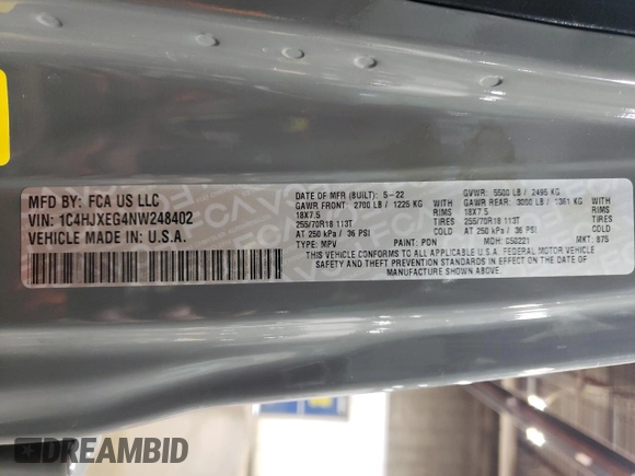 2022 Jeep Wrangler Unlimited Sahara Altitude with VIN 1C4HJXEG4NW248402, listed as a Copart auction lot 63052465 with 36,732 mi miles and Salvage title. Bid and sale history available at DreamBid. Image 14.