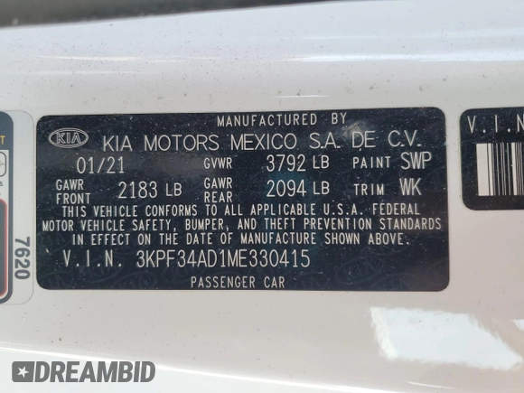 2021 Kia Forte GT-Line with VIN 3KPF34AD1ME330415, listed as a Copart auction lot 57488545 with 46,074 mi miles and Salvage title. Bid and sale history available at DreamBid. Image 12.