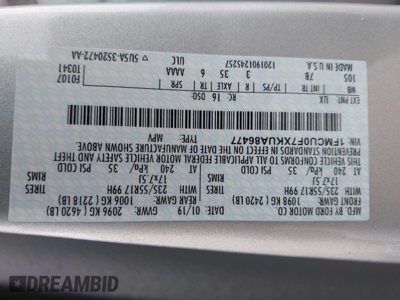 2019 Ford Escape S с VIN 1FMCU0F7XKUA86477, выставлен на аукционе IAAI как лот 42497551 с пробегом 17 985 миль миль и . История ставок и продаж доступна на DreamBid. Изображение 9.
