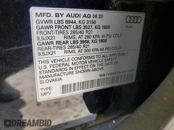 2020 Audi SQ7 z VIN WA1VWAF79LD013335, wystawiony jako Copart lot #56011584 z przebiegiem 35 173 mil mil oraz Szkoda całkowita • Salvage title. Historia ofert i sprzedaży dostępna na DreamBid. Obrazek 14.