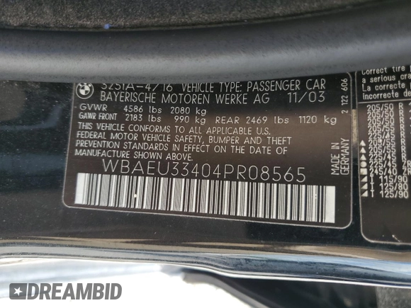 2004 BMW 3 Series 325xi with VIN WBAEU33404PR08565, listed as a Copart auction lot 57865215 with 253,784 mi miles and Salvage title. Bid and sale history available at DreamBid. Image 13.
