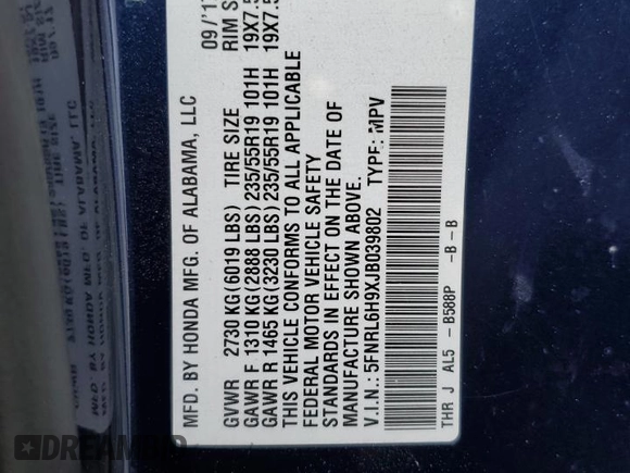 2018 Honda Odyssey Elite z VIN 5FNRL6H9XJB039802, wystawiony jako Copart lot #57116345 z przebiegiem 107 939 mil mil oraz Szkoda całkowita • Salvage title. Historia ofert i sprzedaży dostępna na DreamBid. Obrazek 13.