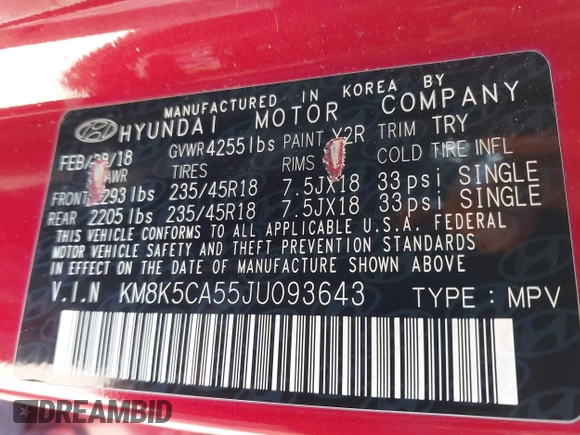 2018 Hyundai Kona Ultimate with VIN KM8K5CA55JU093643, listed as a IAAI auction lot 41833149 with 151,804 mi miles. Bid and sale history available at carsss.com. Image 9.