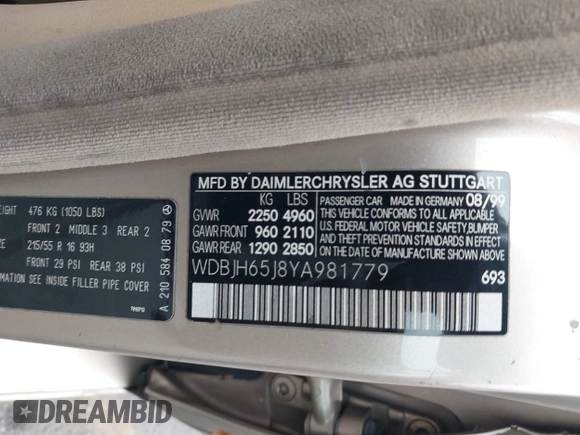 2000 Mercedes-Benz E 320 with VIN WDBJH65J8YA981779, listed as a IAAI auction lot 42107928 with 276,090 mi miles and . Bid and sale history available at DreamBid. Image 9.