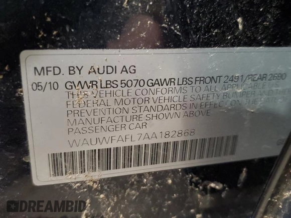 2010 Audi A4 2.0T Premium Plus with VIN WAUWFAFL7AA182868, listed as a Copart auction lot 86703744 with 129,551 mi miles and Salvage Title. Bid and sale history available at carsss.com. Image 12.