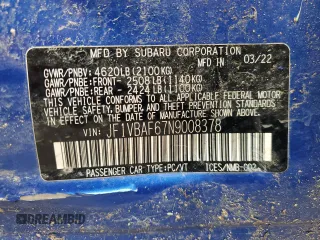 2022 Subaru WRX Premium with VIN JF1VBAF67N9008378, listed as a Copart auction lot 53105105 with 18,956 mi miles and Salvage Title. Bid and sale history available at carsss.com. Image 12.