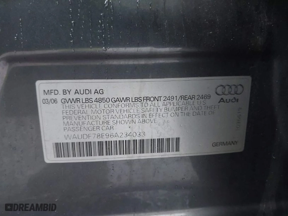 2006 Audi A4 2.0T with VIN WAUDF78E96A234033, listed as a IAAI auction lot 41850473 with 204,204 mi miles. Bid and sale history available at carsss.com. Image 9.